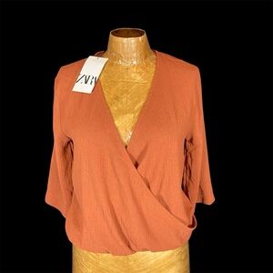 Zara Women's Terracotta Faux Wrap Blouse with 3/4 Sleeves